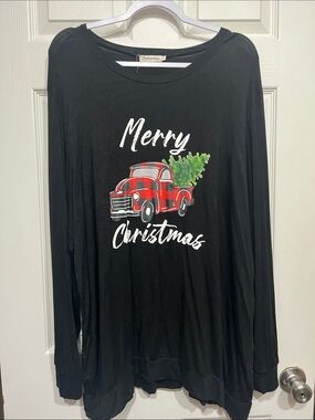 Southern Stitch Merry Christmas Black Graphic Long Sleeve Tee with Red Truck